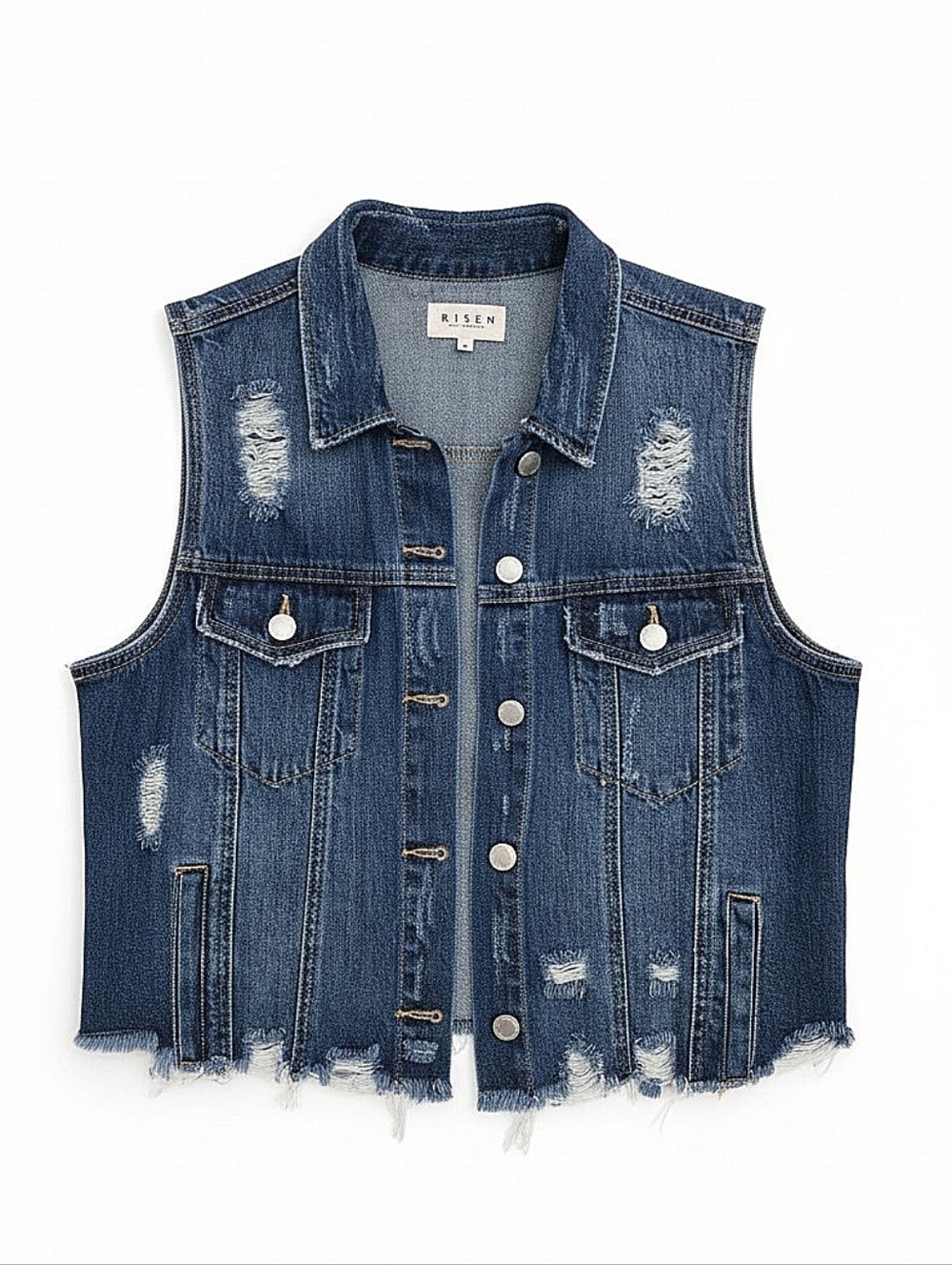 NWT! Risen Jeans Distressed Medium Blue Denim Vest